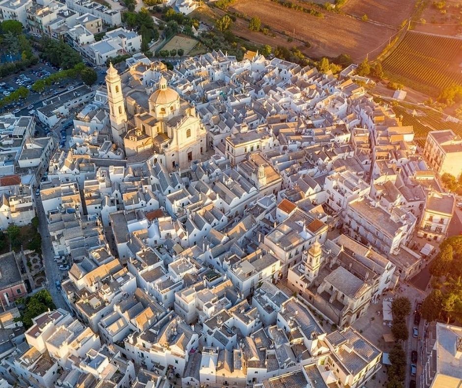 Aerial view of the round old town of Locorotondo in the Itria Valley