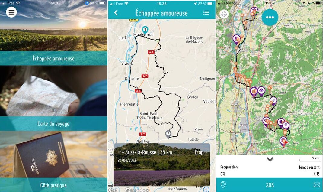 Screens of the navigation app with trip menu, route map and GPS track