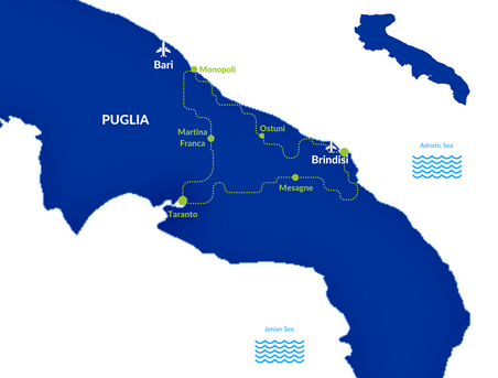 Map of the Two Seas cycling loop: Brindisi, Mesagne, Taranto, Martina Franca, Monopoli, Ostuni